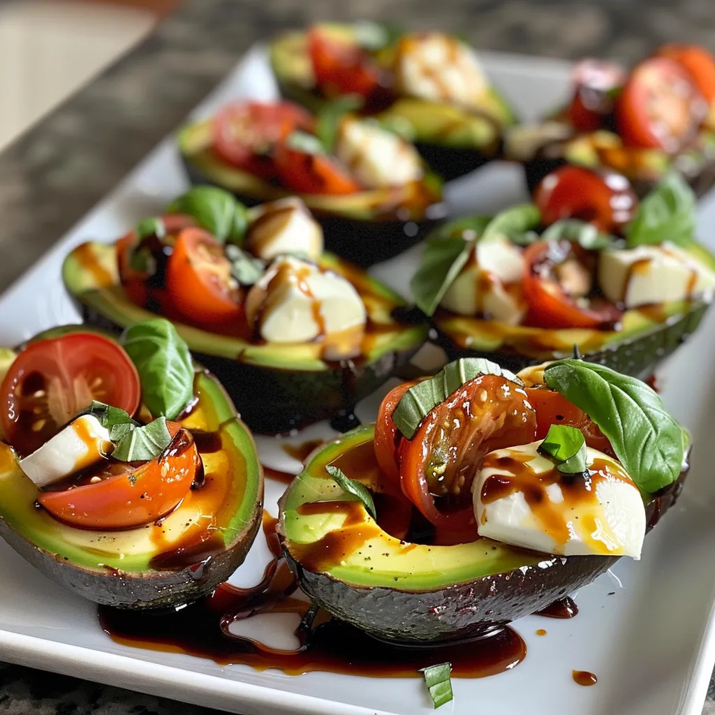 Detailed image of stuffed avocados with balsamic glaze drizzled on top.