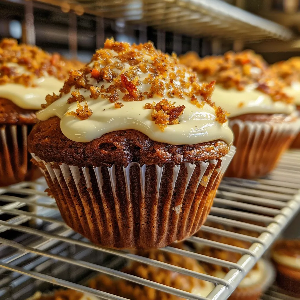 Side view of moist carrot cake muffins with a creamy frosting on top.