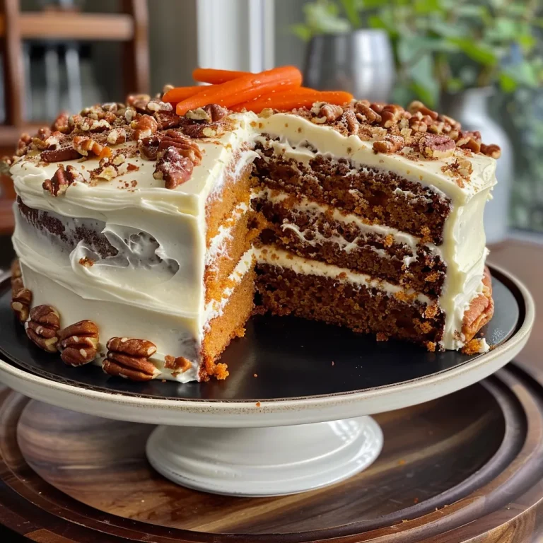 Baking Joy Crafting the Perfect Carrot Cake with Cream Cheese Frosting A side view of a moist carrot cake layered with cream cheese frosting, garnished with decorative chocolate carrots.