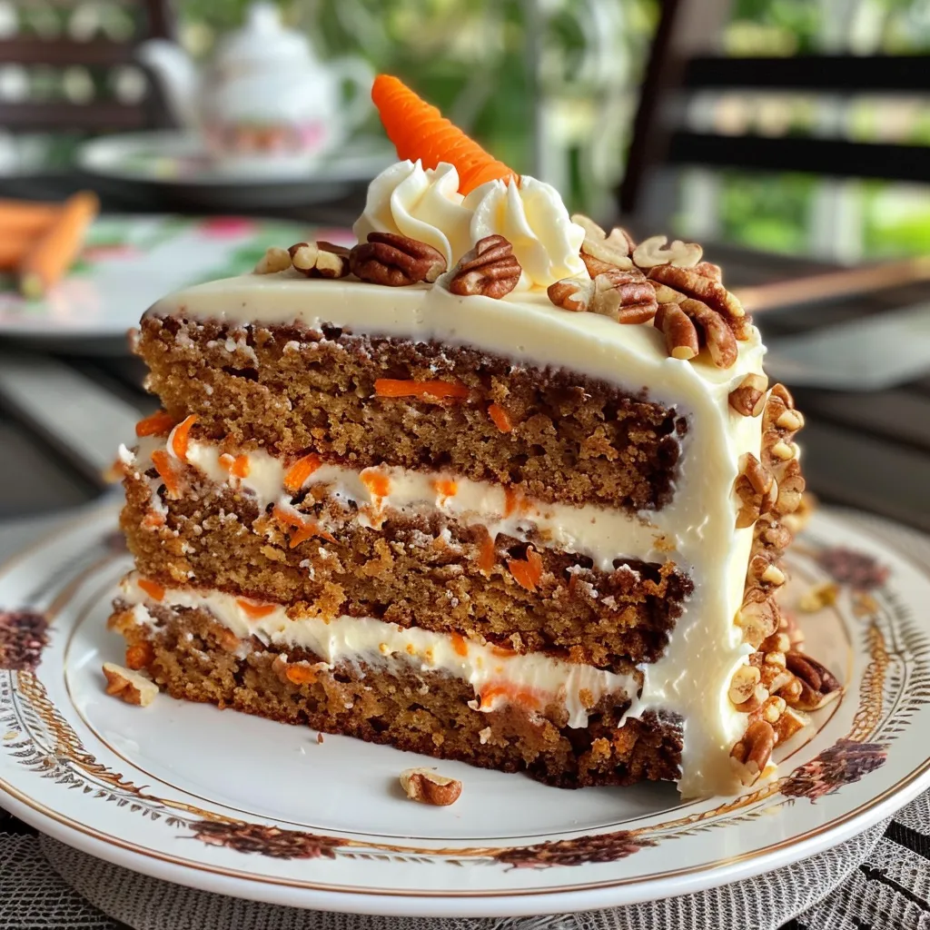 Close-up shot of a slice of carrot cake featuring creamy frosting and a sprinkle of walnuts on top.