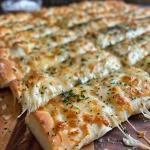 Close-up view of golden, cheesy breadsticks with a crispy exterior.