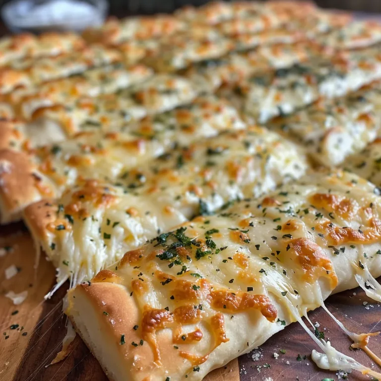 Close-up view of golden, cheesy breadsticks with a crispy exterior.