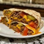 Juicy cheeseburger burritos with melted cheese and ingredients visible.
