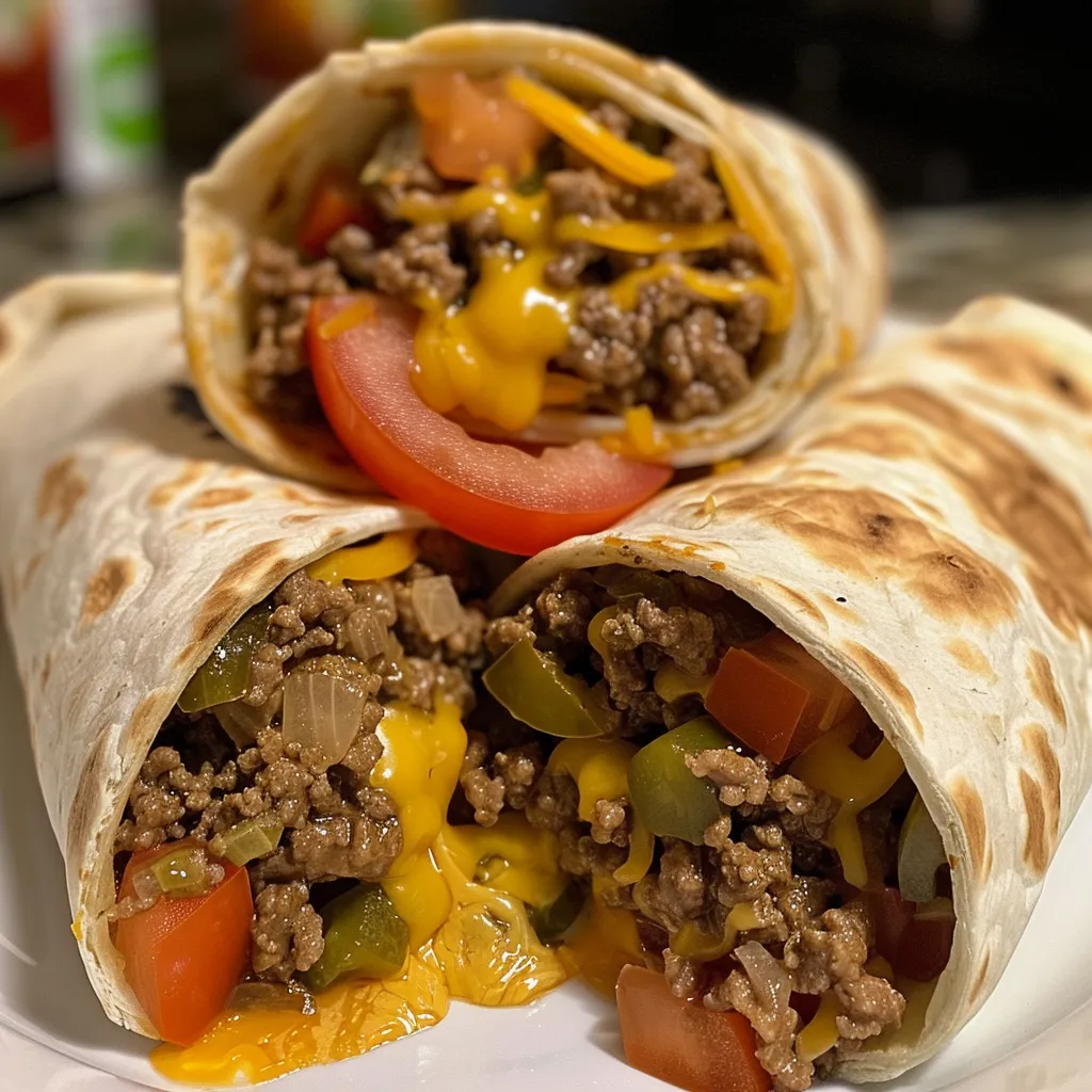 Close-up of a cheesy burrito filled with ground beef and toppings.