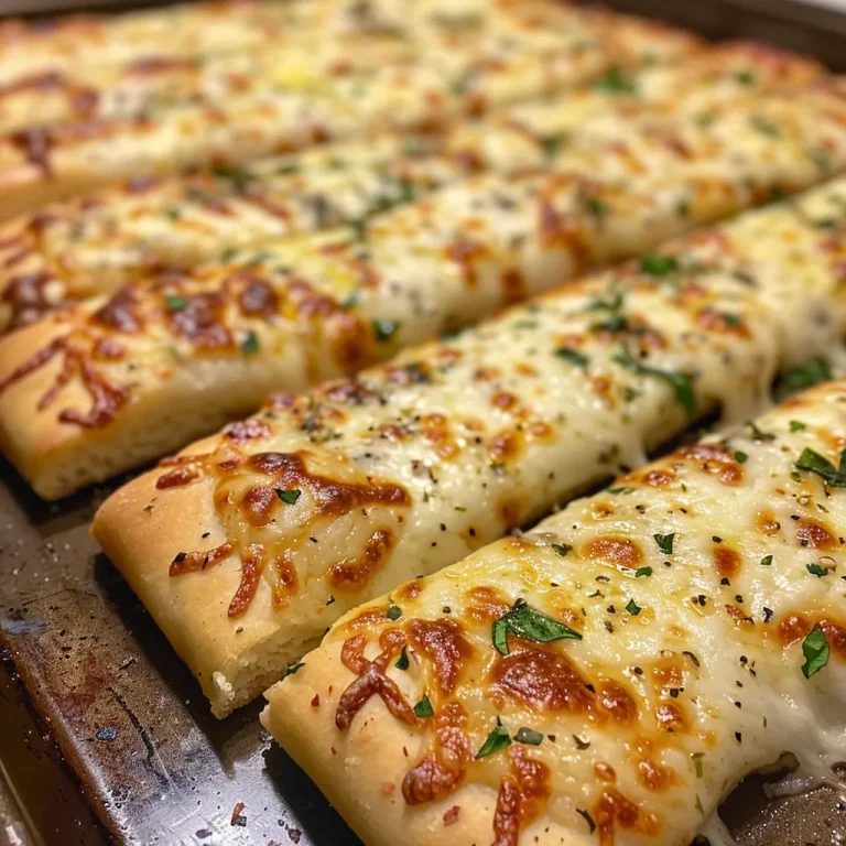 Elevate Your Snack Game with Irresistible Cheesy Garlic Breadsticks Close-up view of cheesy garlic breadsticks with a golden crust and melted cheese.
