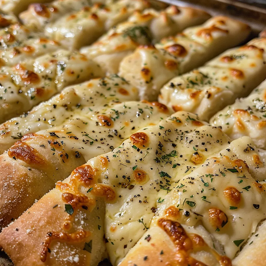 Side view of delicious homemade garlic breadsticks topped with melted cheese and herbs.