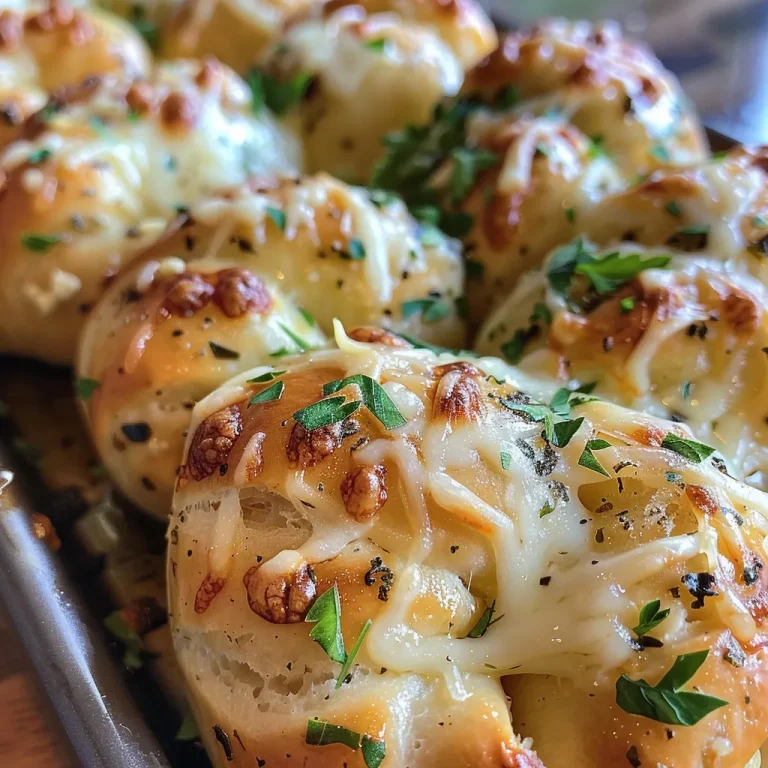 Irresistibly Cheesy Garlic Knots A Simple Recipe for Family Gatherings Close-up view of cheesy garlic knots, showing golden-brown crust and melted cheese.