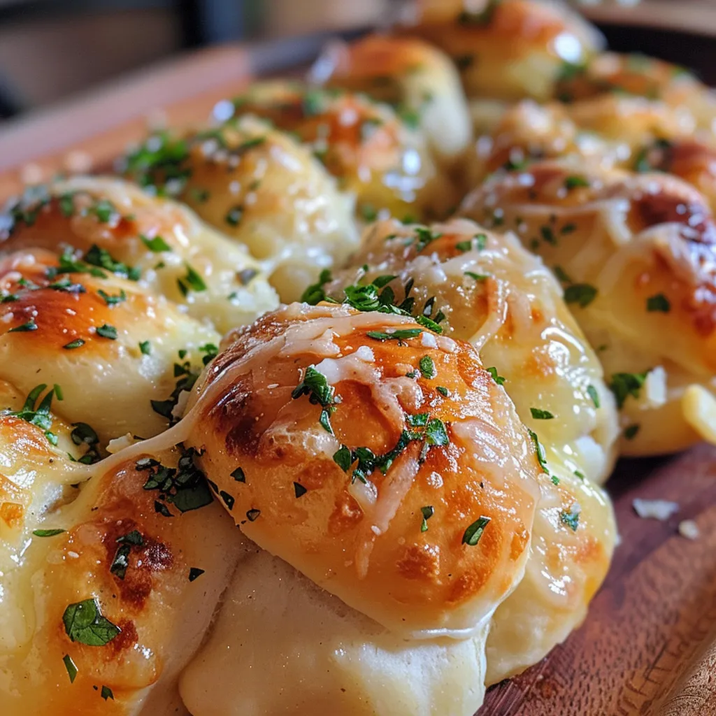 Delicious garlic knots drizzled with melted butter, topped with parsley and cheese.