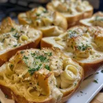 Close-up view of Chicken Alfredo served in hollowed-out garlic bread bowls.