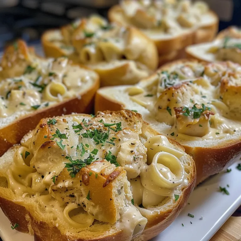 Indulge in Comfort Chicken Alfredo Garlic Bread Bowls That Wow Close-up view of Chicken Alfredo served in hollowed-out garlic bread bowls.