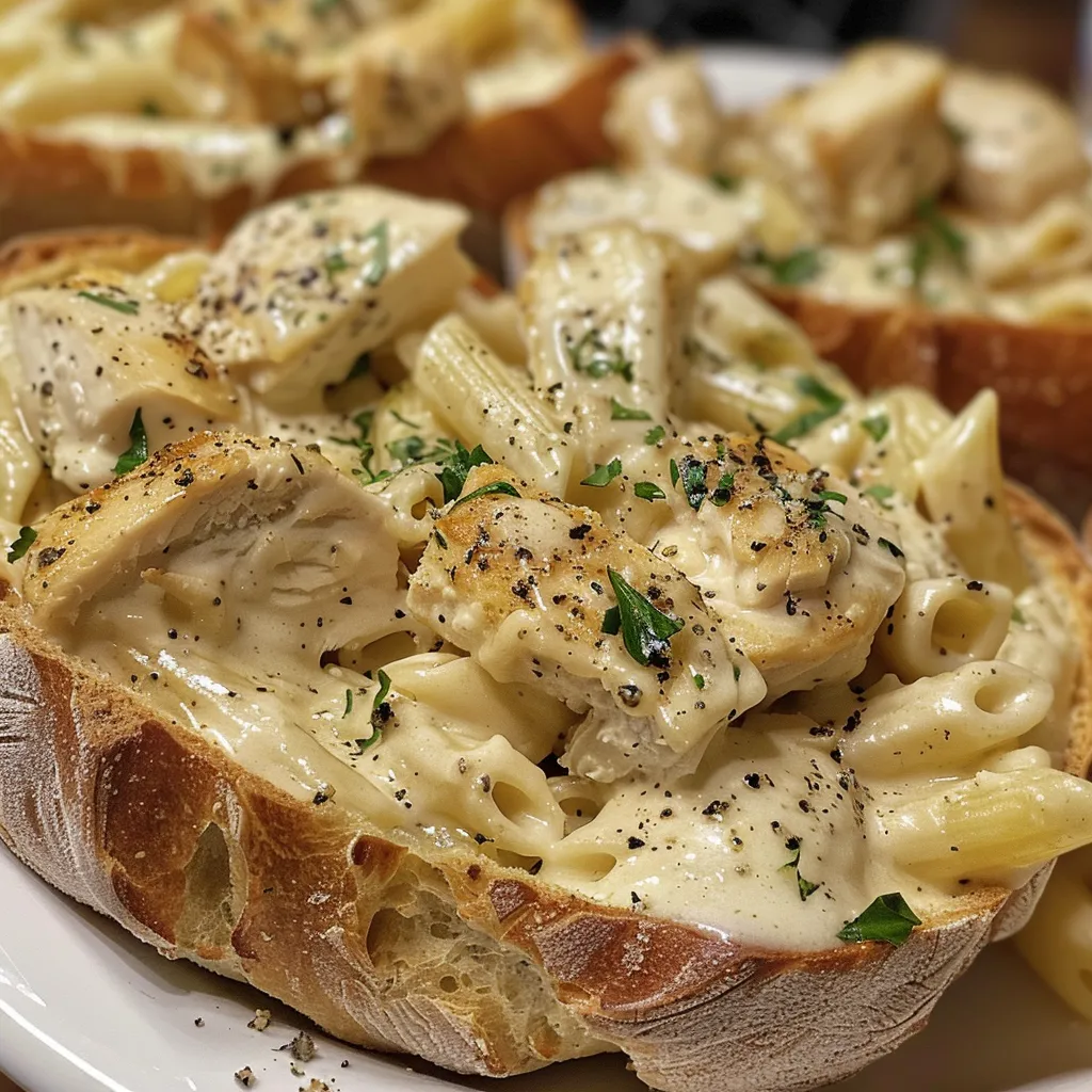 Side perspective of juicy Chicken Alfredo filled bread bowls garnished with cheese.
