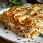 Savory lasagna roll ups filled with chicken and cheeses, drizzled with Alfredo sauce.