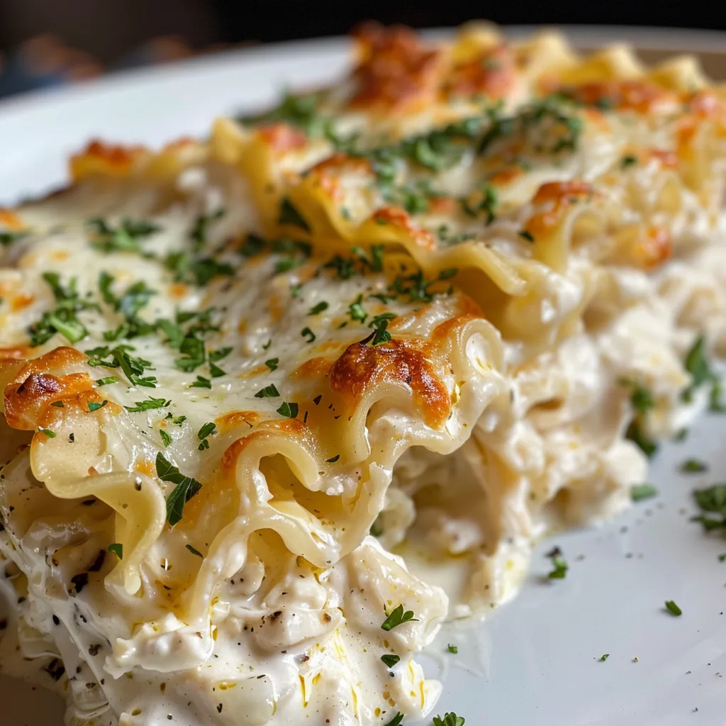 Juicy Chicken Alfredo Lasagna Roll-Ups with a golden-brown cheese topping and a sprinkle of parsley.