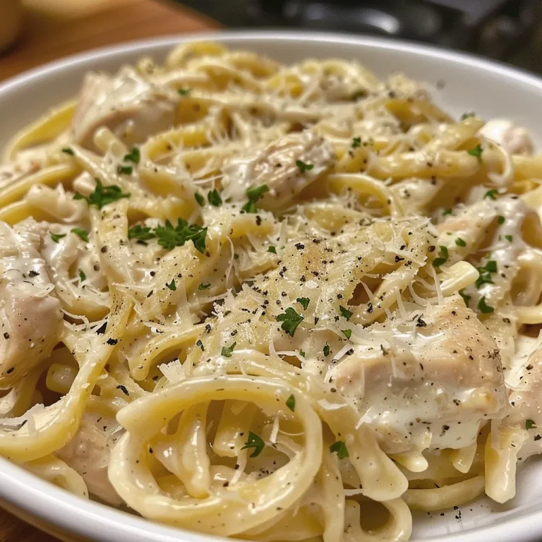 Elevate Your Dinner with Homemade Chicken Alfredo Pasta Close-up of creamy Chicken Alfredo pasta with grilled chicken slices.