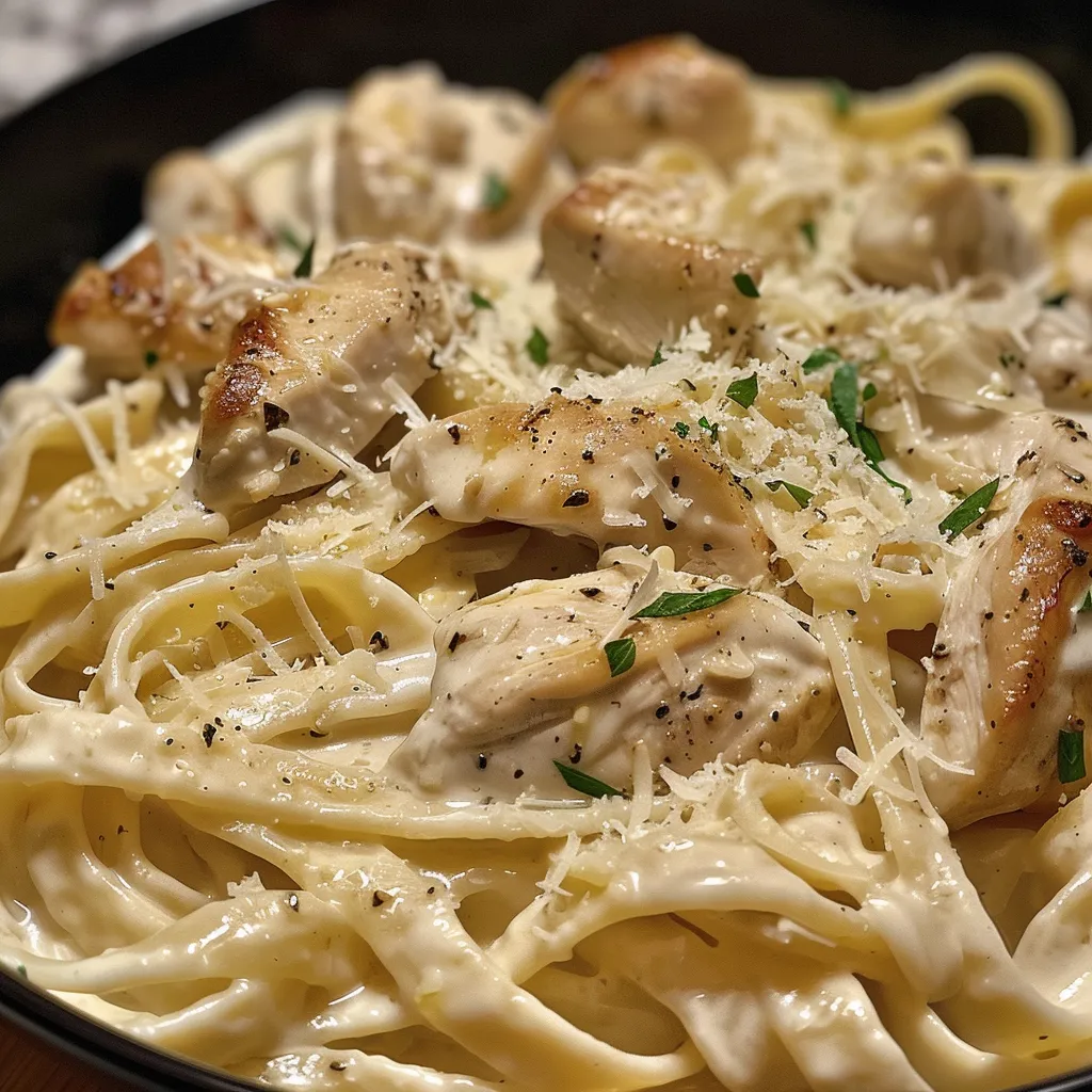 Side view of a bowl filled with Chicken Alfredo pasta and a sprinkle of parsley.