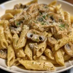 Close-up view of a creamy chicken and mushroom pasta dish in a bowl.