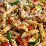 A close-up view of chicken and vegetable pasta with colorful ingredients.