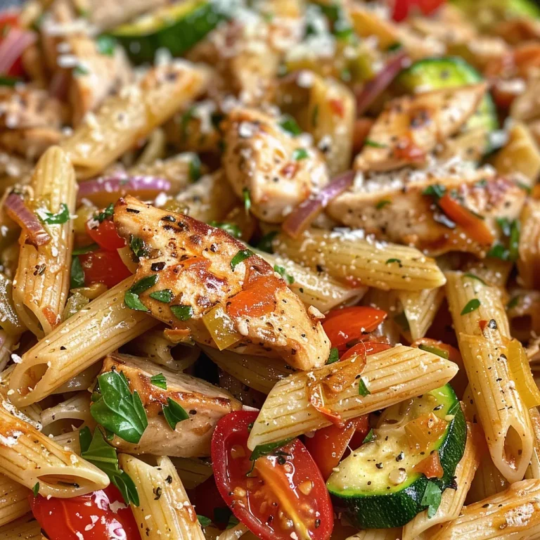 Wholesome Chicken and Vegetable Pasta A Family Favorite A close-up view of chicken and vegetable pasta with colorful ingredients.