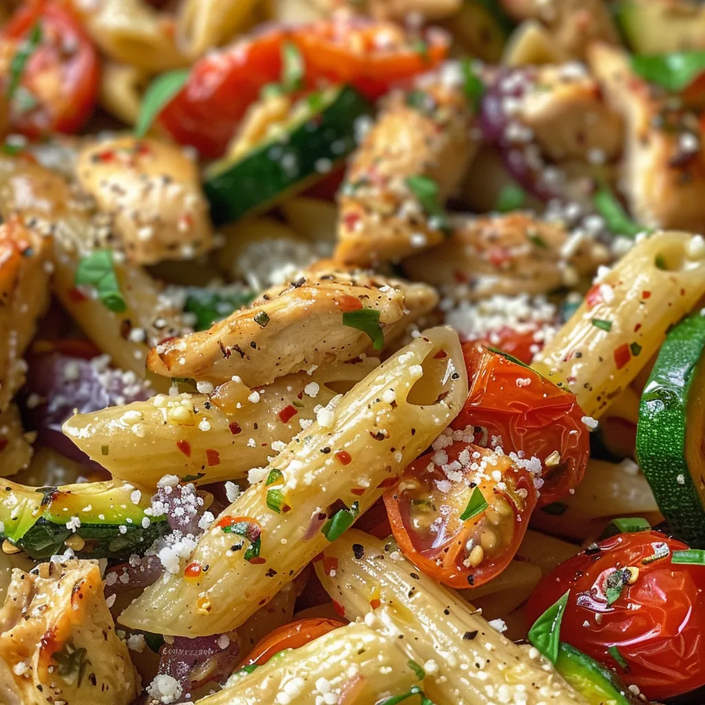 Juicy chicken strips mixed with vibrant zucchini, cherry tomatoes, and penne pasta.