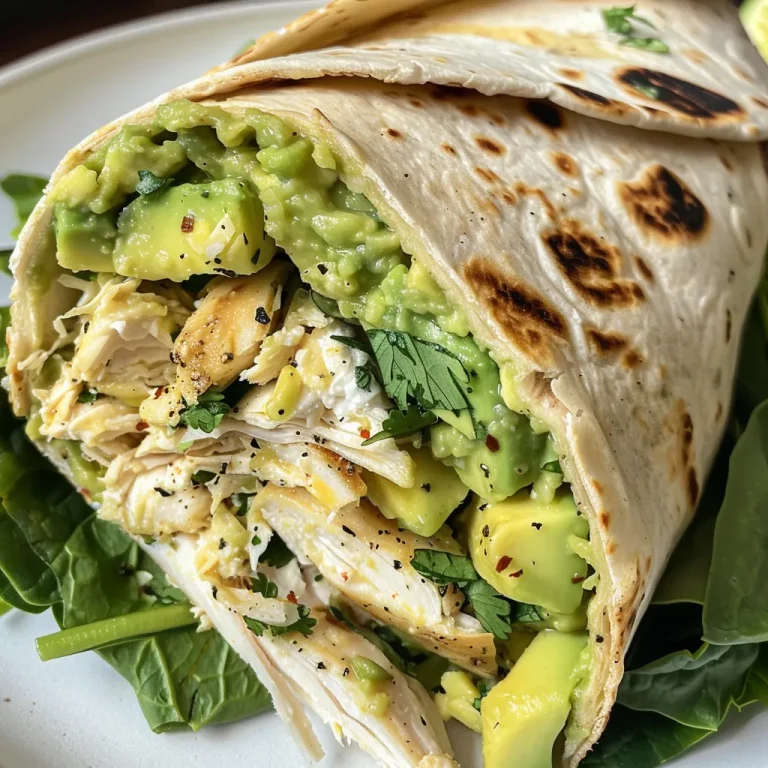 A vibrant Chicken Avocado Wrap, highlighting the creamy avocado and pieces of cooked chicken.