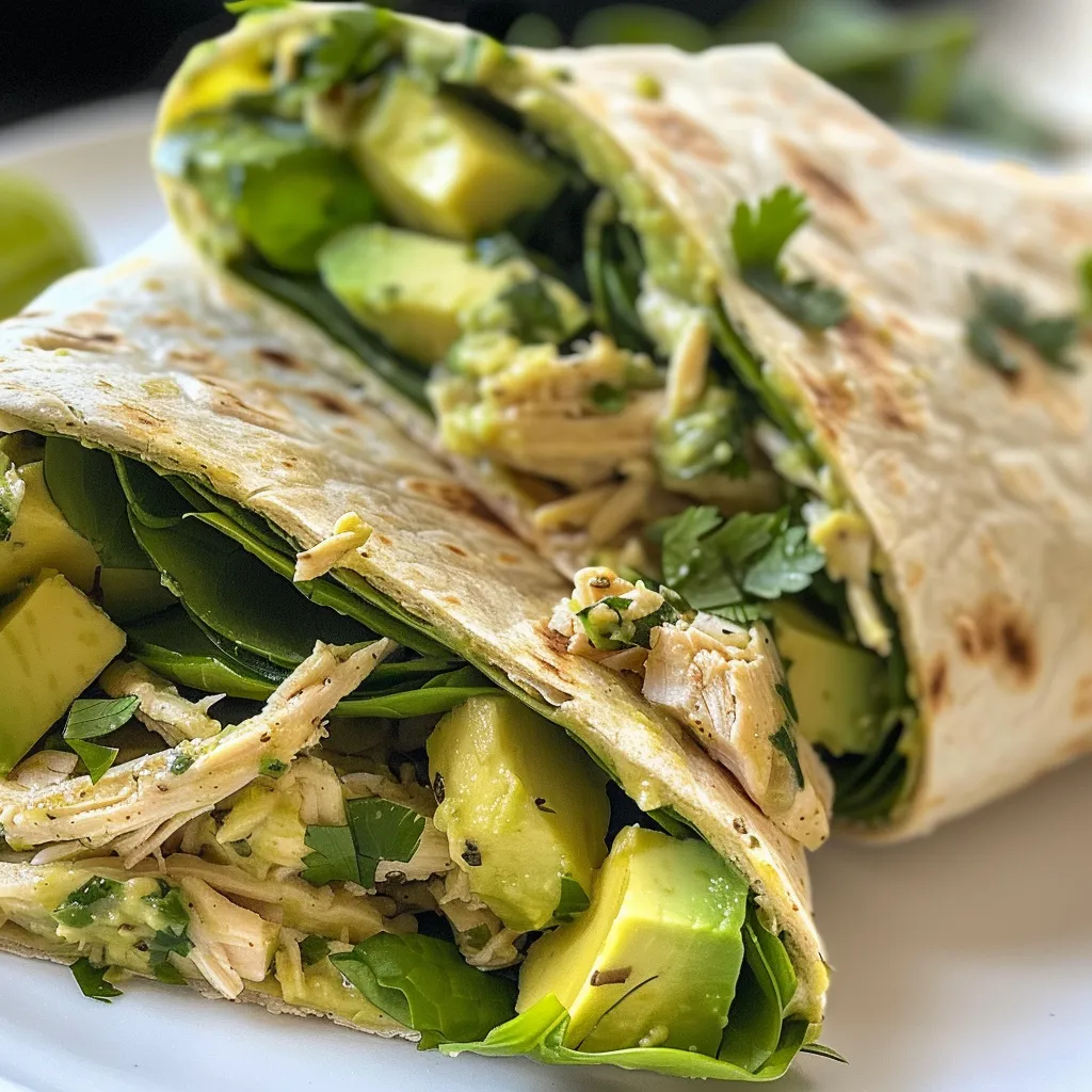 A tantalizing Chicken Avocado Wrap with lettuce and tomatoes, captured in a side profile.