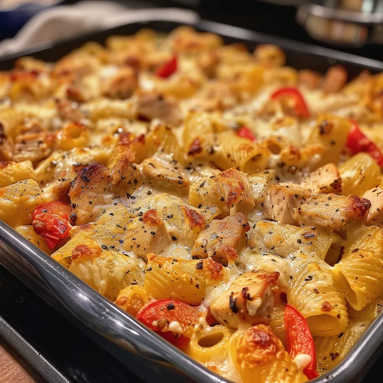 Close-up view of a cheesy Chicken Pasta Bake with melted mozzarella and cheddar on top.
