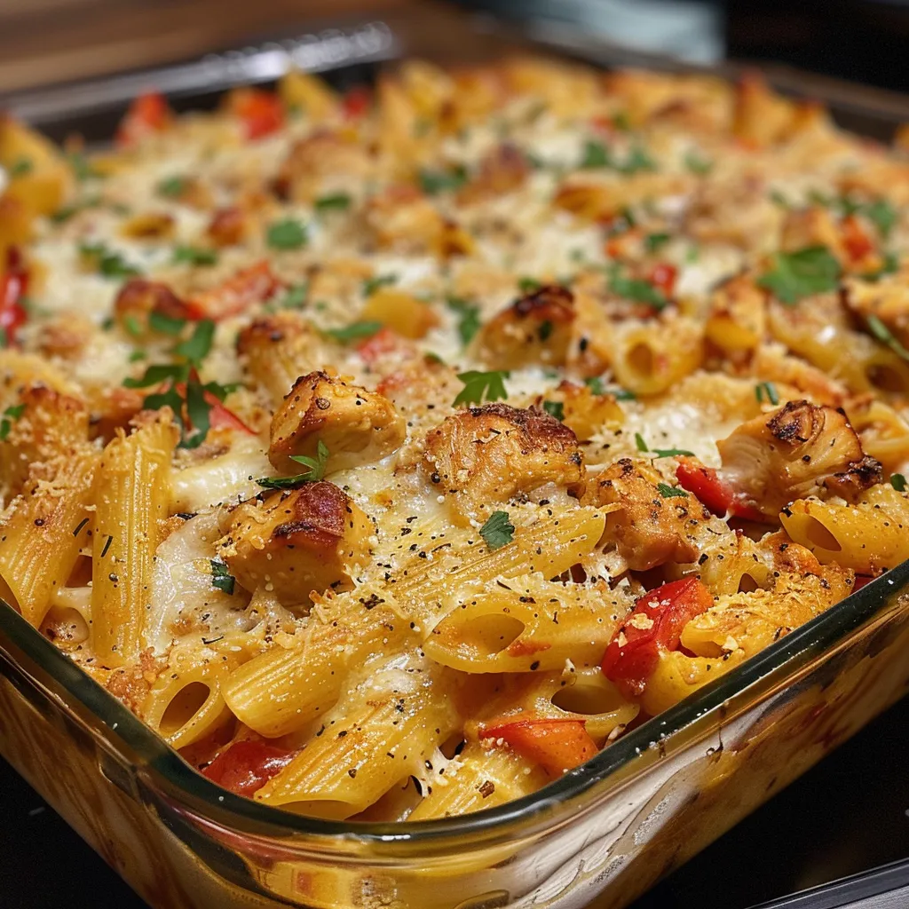 Side view of a Chicken Pasta Casserole, showcasing juicy chicken pieces and bell peppers.