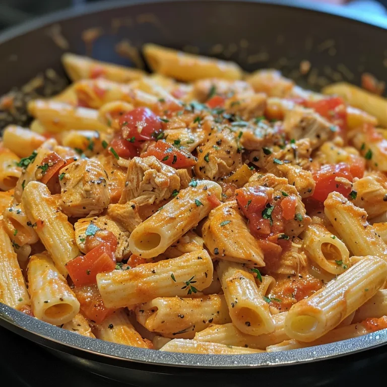 Close-up of Chicken Pasta in creamy tomato sauce featuring juicy chicken and vibrant herbs.