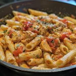 Close-up view of juicy chicken pasta in creamy tomato sauce with herbs.