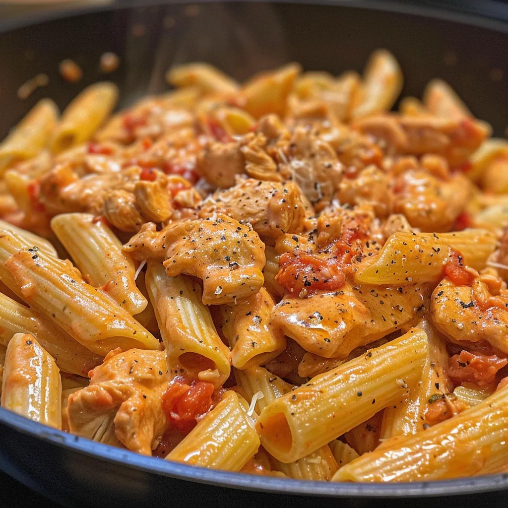 A delicious plate of Chicken Pasta in a rich creamy tomato sauce, garnished with herbs.