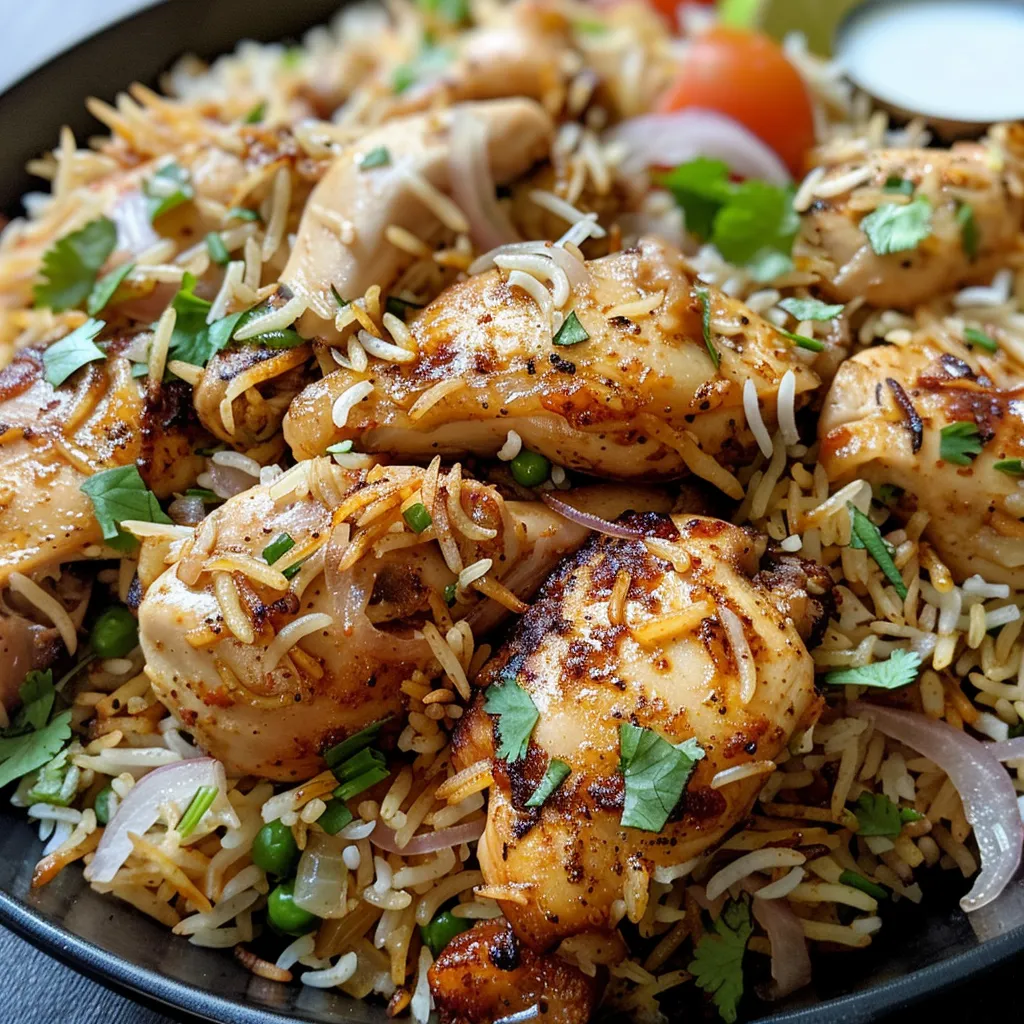 Side view of luscious Chicken Pulao served in a bowl, highlighting vibrant spices and herbs.