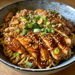 A close-up side view of Chicken Teriyaki Noodles in a bowl, showcasing the juicy, thinly sliced chicken and colorful garnishes.