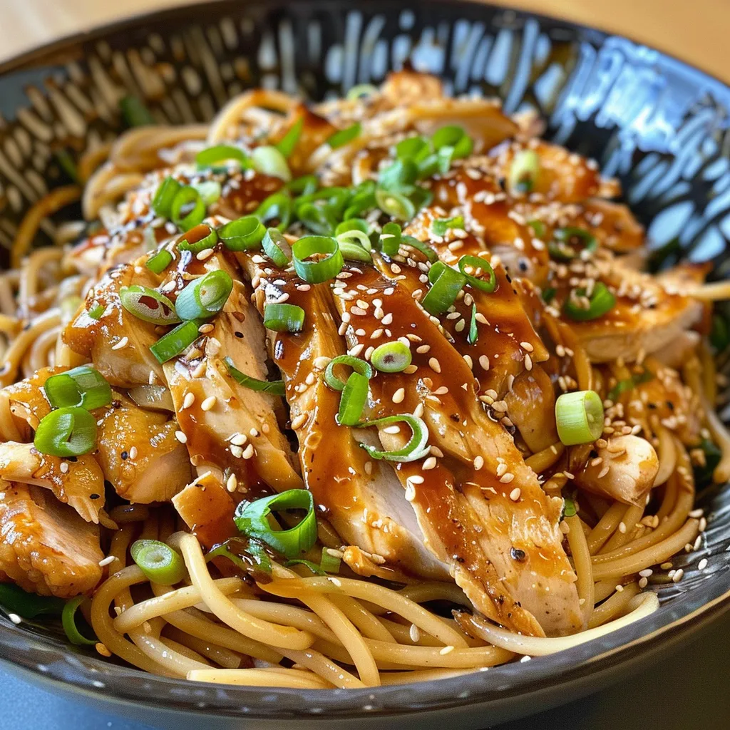 A vibrant plate of Chicken Teriyaki Noodles with glistening sauce, topped with green onions and sesame seeds against a simple background.