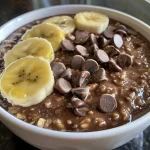 Close-up view of chocolate banana oatmeal topped with banana slices.