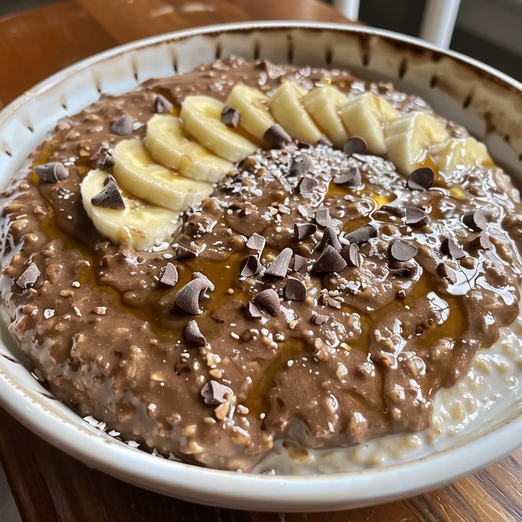 Side view of a creamy bowl of chocolate banana oatmeal garnished with fresh banana.