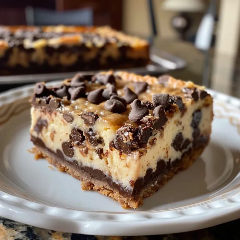 Indulgent Layers: Crafting the Ultimate Chocolate Chip Cheesecake Bars Delicious chocolate chip cheesecake bars displayed on a plate, highlighting their gooey texture.