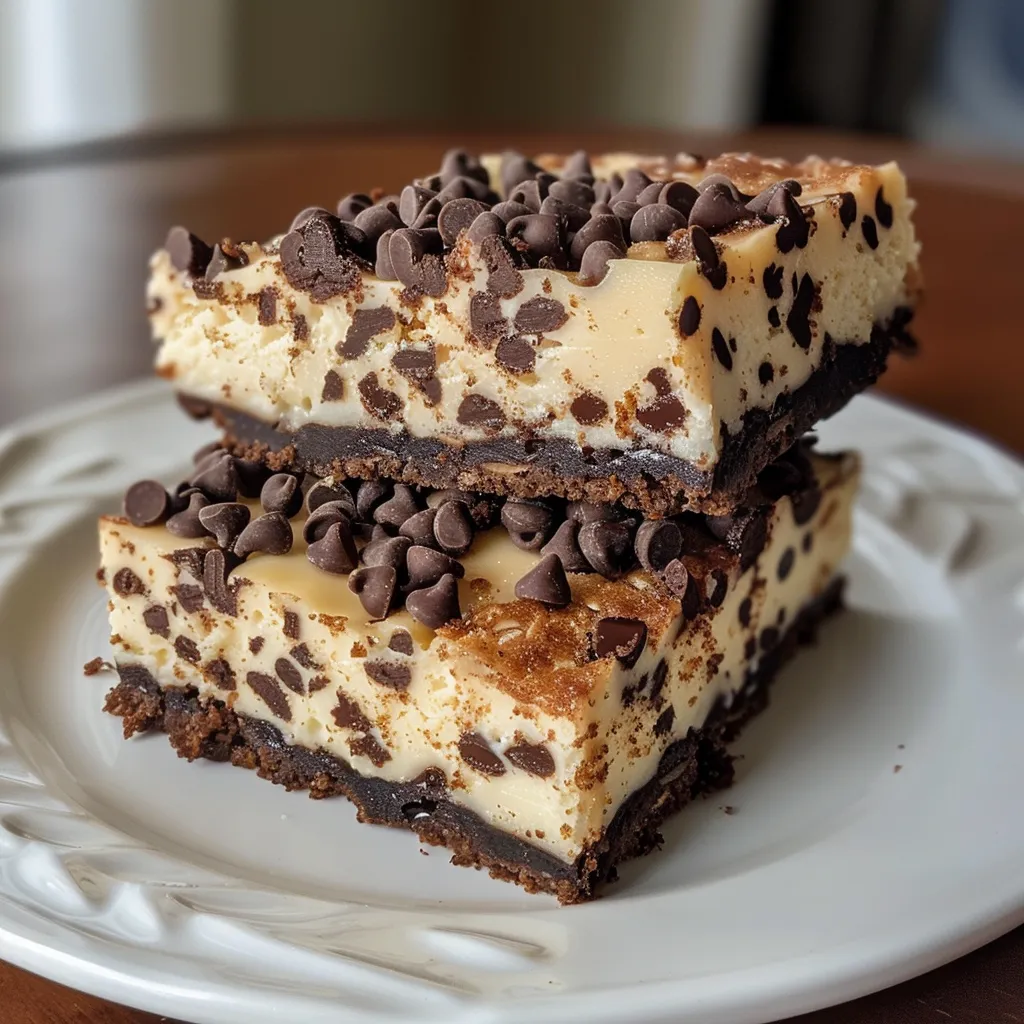 A vibrant photo of cheesecake bars with chocolate chips, emphasizing their decadent appearance.