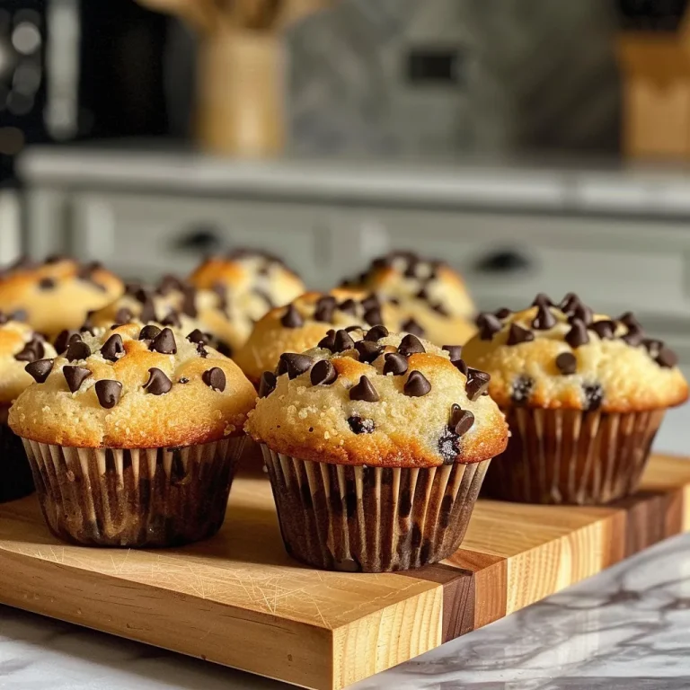 A close-up view of freshly baked chocolate chip muffins with a golden-brown crust.