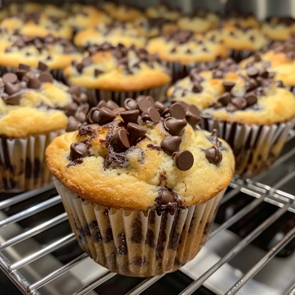 Side view of moist chocolate chip muffins featuring shiny chocolate chips on top.
