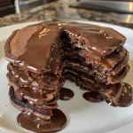 Close-up view of a stack of chocolate protein pancakes topped with syrup and chocolate chips.