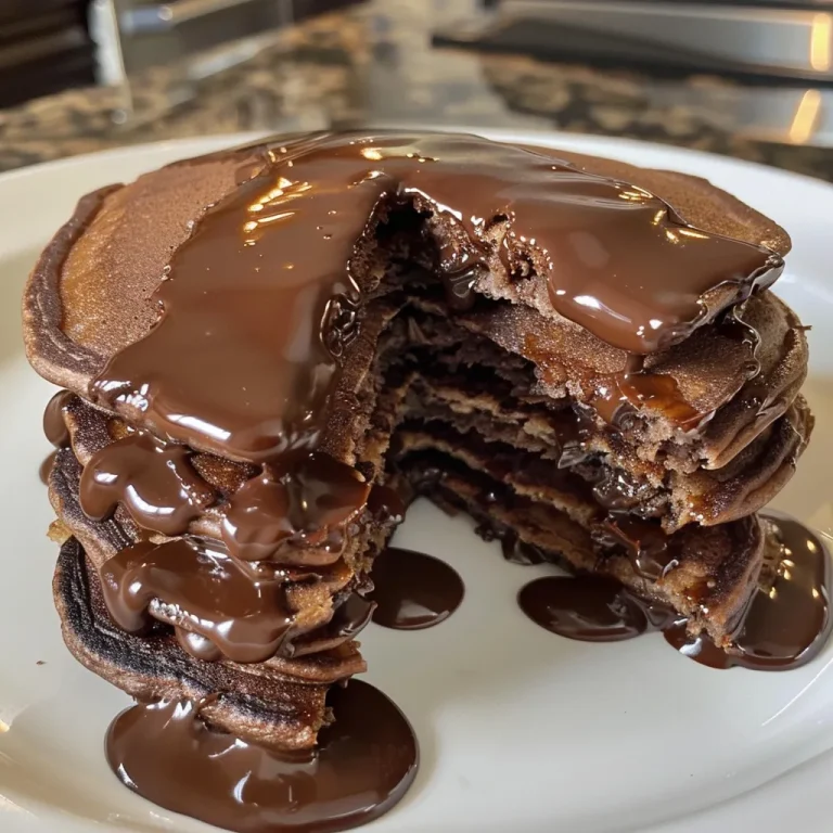 Close-up view of a stack of chocolate protein pancakes topped with syrup and chocolate chips.