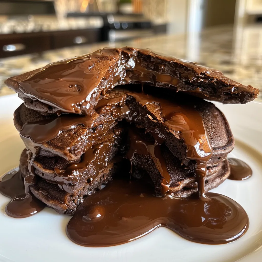 Side view of fluffy chocolate protein pancakes served on a plate with a fork.