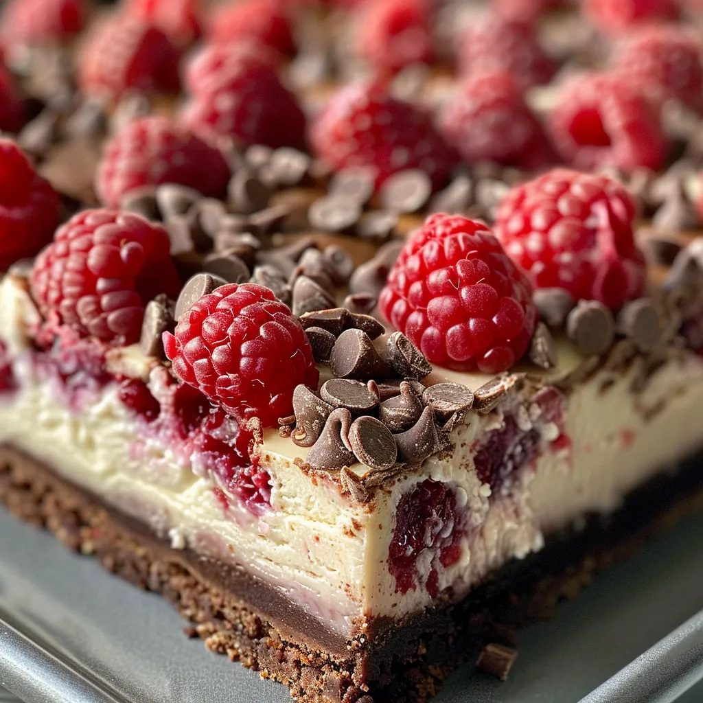 Side perspective of decadent chocolate raspberry cheesecake bars, highlighting the texture and toppings.