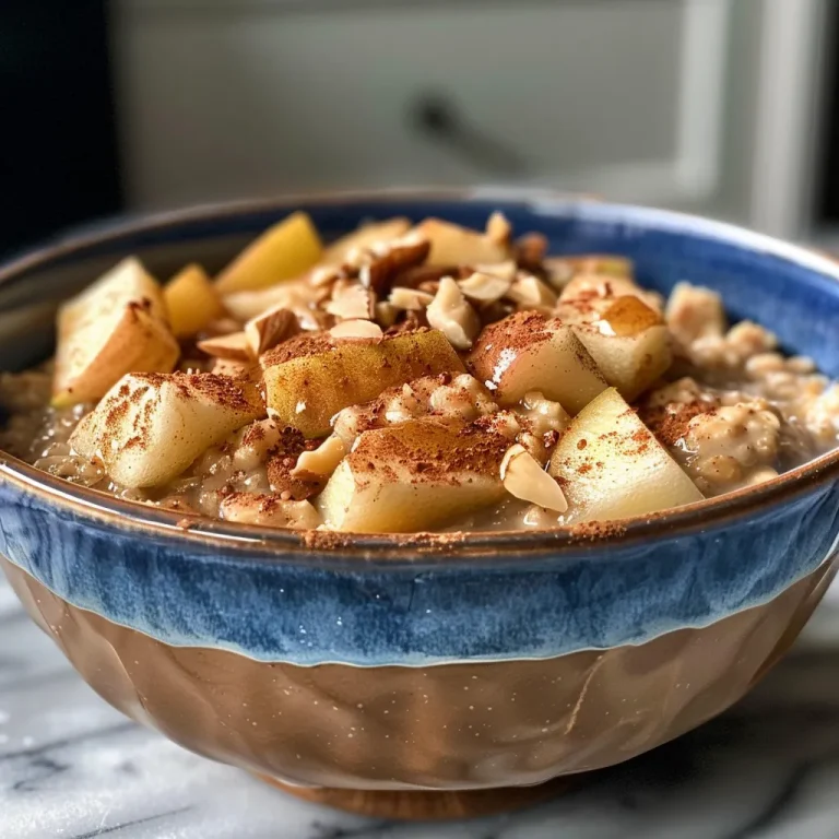 A close-up side view of a hearty Cinnamon Apple Oatmeal Bowl topped with fresh apple slices and a sprinkle of cinnamon.