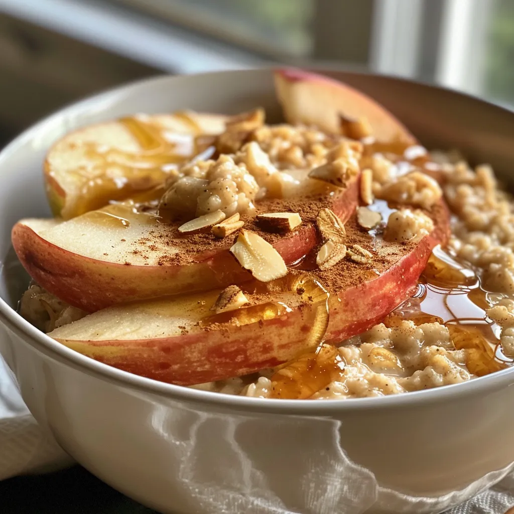 A vibrant Cinnamon Apple Oatmeal Bowl showcasing delicious ingredients like apples, oats, and a drizzle of maple syrup.