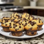 Close-up side view of a freshly baked chocolate chip muffin, highlighting its golden-brown top and melted chocolate chips.