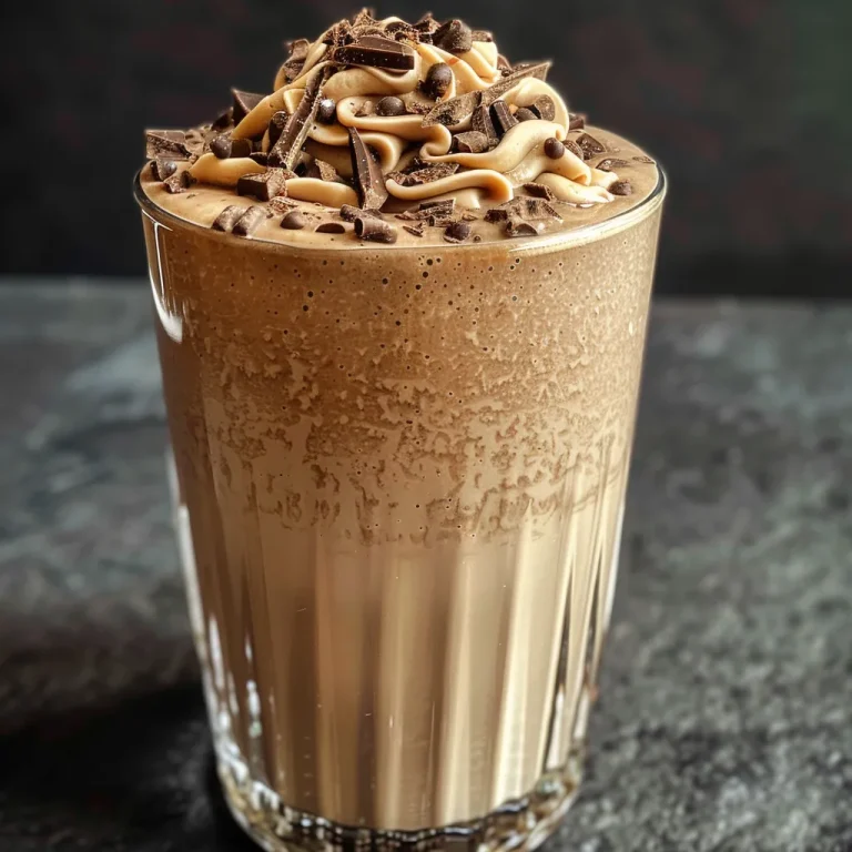 A close-up side view of a creamy coffee milkshake topped with whipped cream and chocolate shavings.