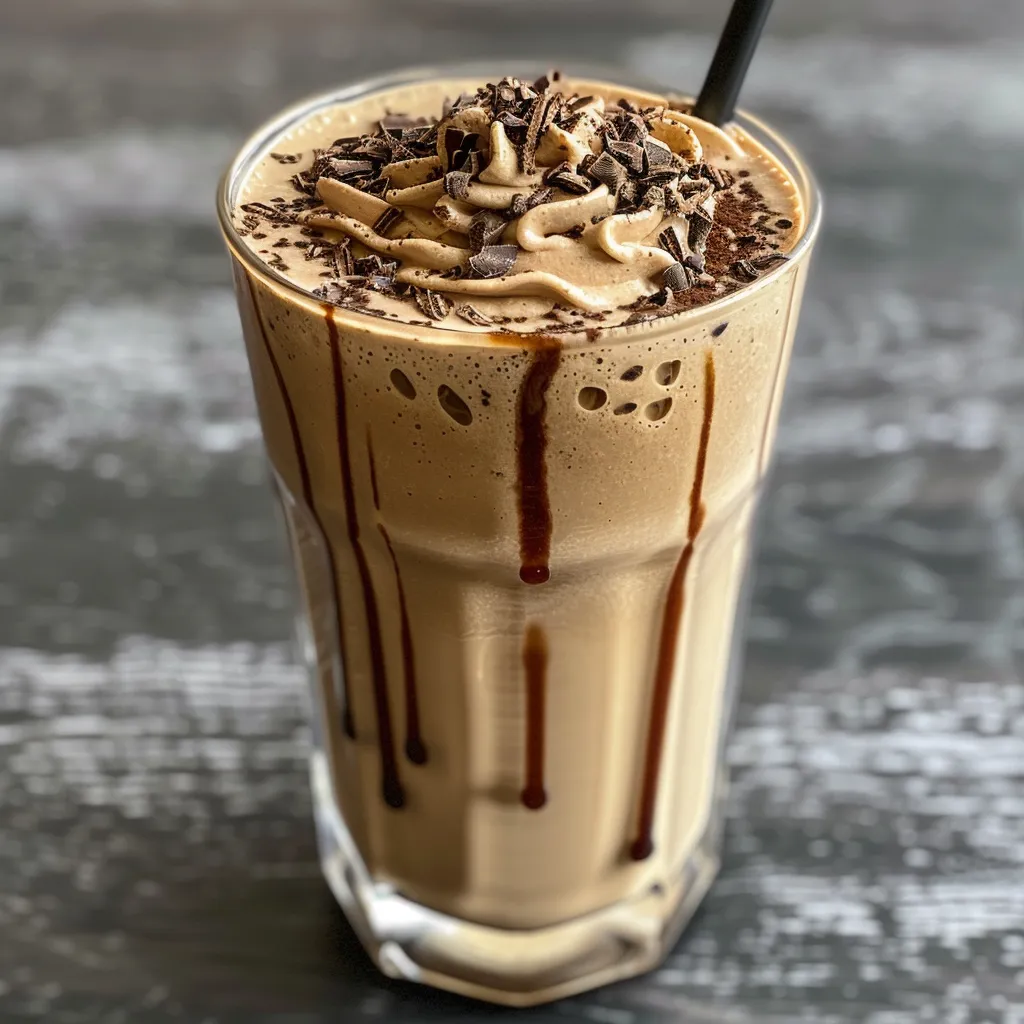 A delicious coffee milkshake in a glass, garnished with whipped cream and fudge sauce.
