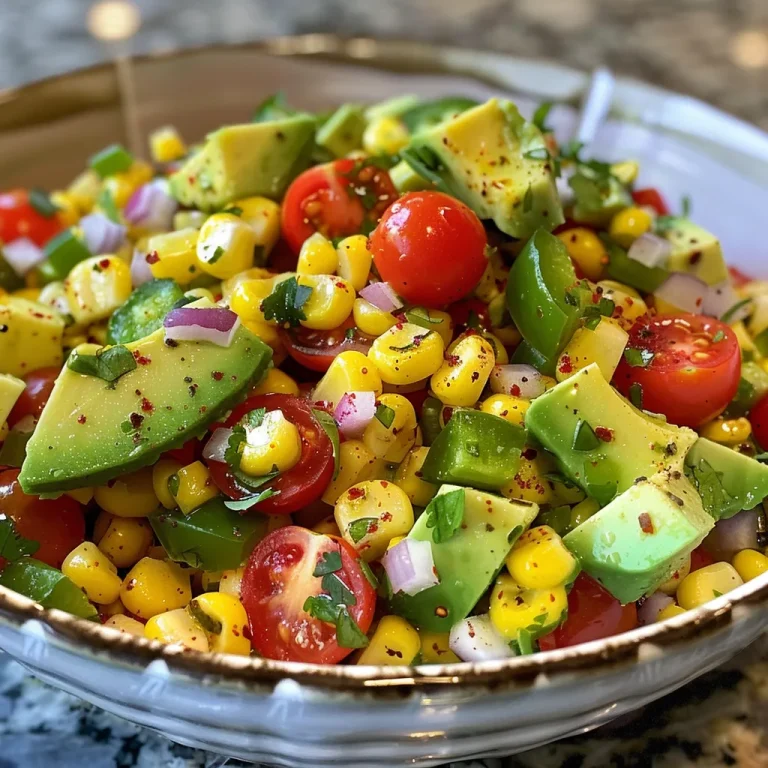 Brighten Your Table with This Refreshing Corn and Avocado Salsa Brightly colored corn and avocado salsa arranged in a serving dish.