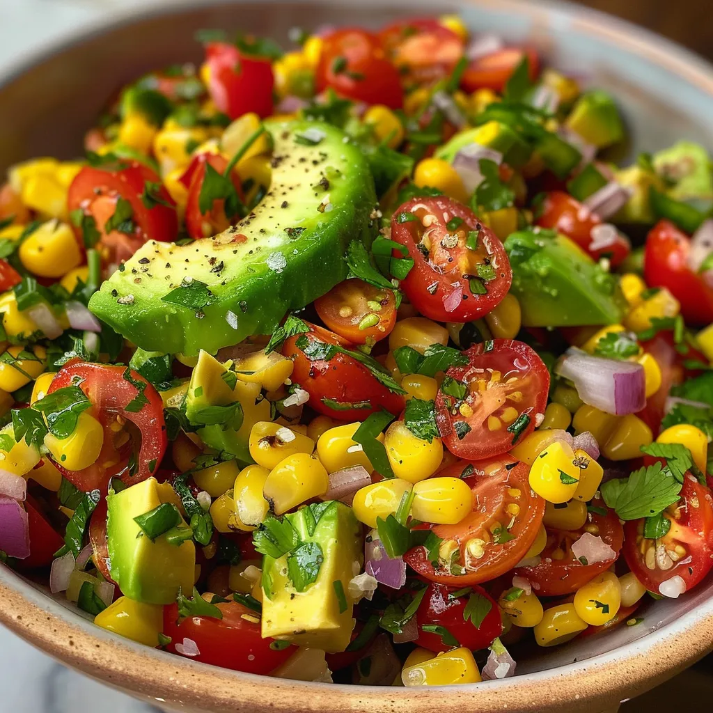 Tasty corn and avocado salsa with diced avocado and lime slices.